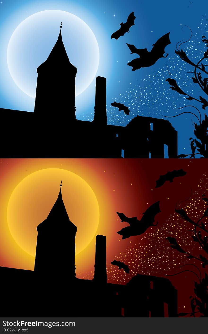 Bats in the ruins, two variants, illustration for design