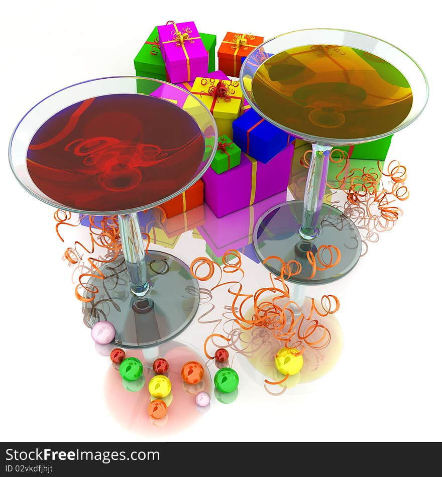 Two wineglass with colored cocktailes and colored gifts. Two wineglass with colored cocktailes and colored gifts