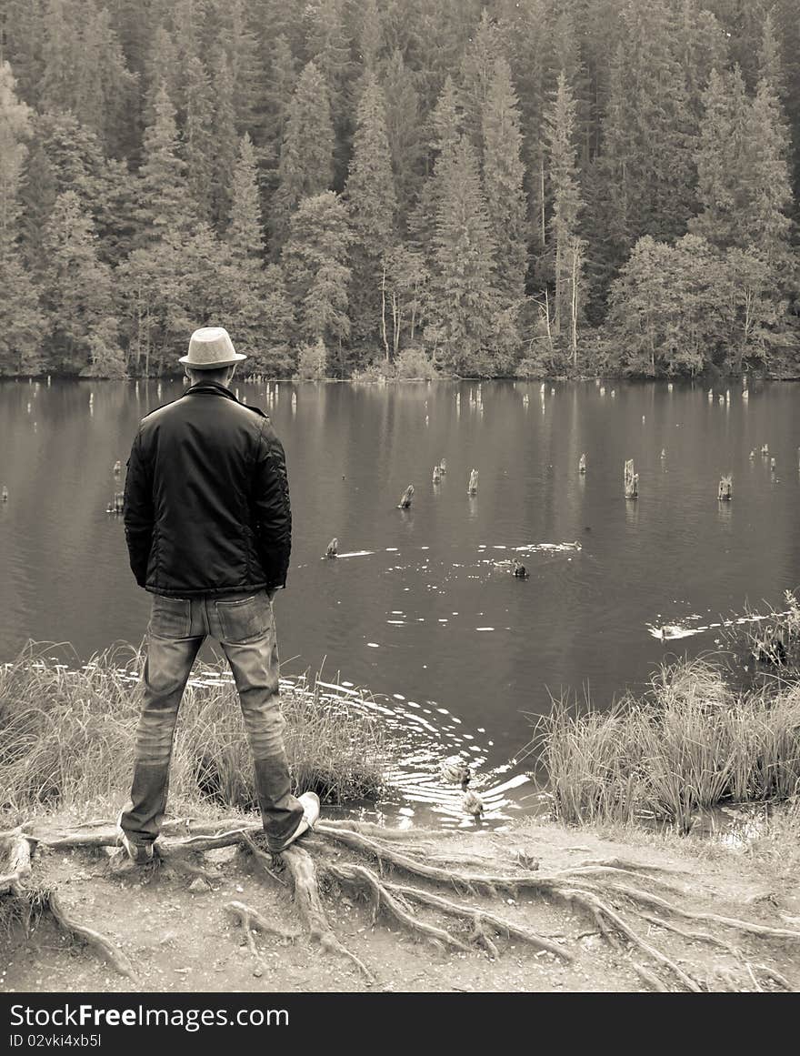 Man standing looking away onto the lake (sepia effect). Man standing looking away onto the lake (sepia effect)