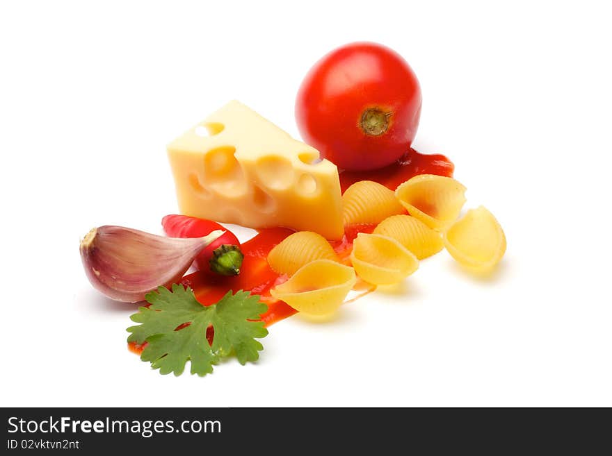 Composition for spaghetti. Close-up. Isolated on white background. Composition for spaghetti. Close-up. Isolated on white background.