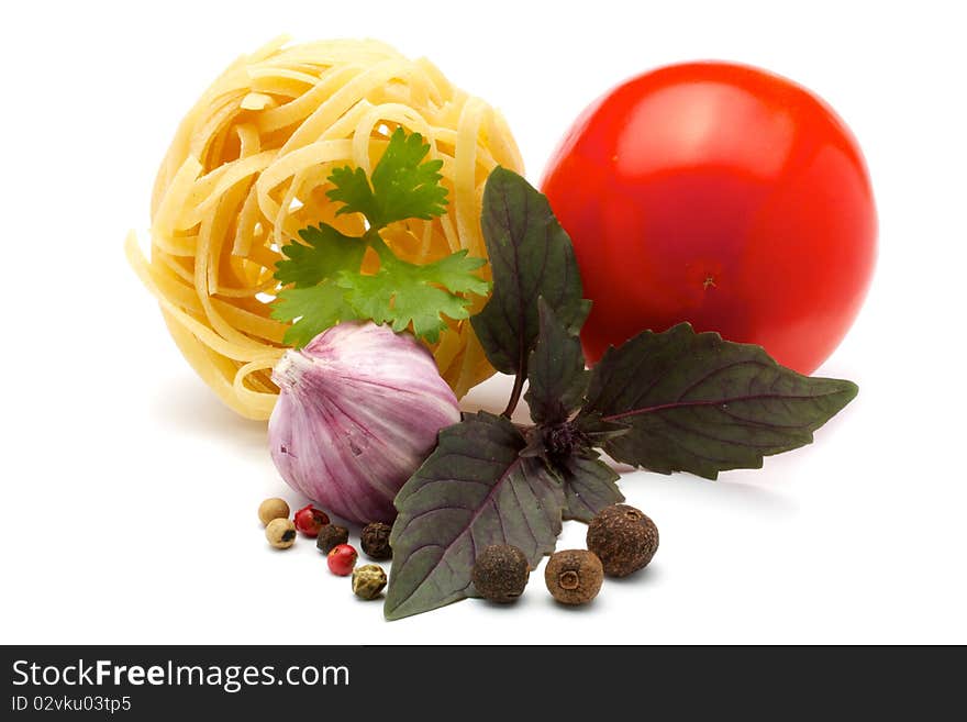 Composition for spaghetti. Close-up. Isolated on white background. Composition for spaghetti. Close-up. Isolated on white background.