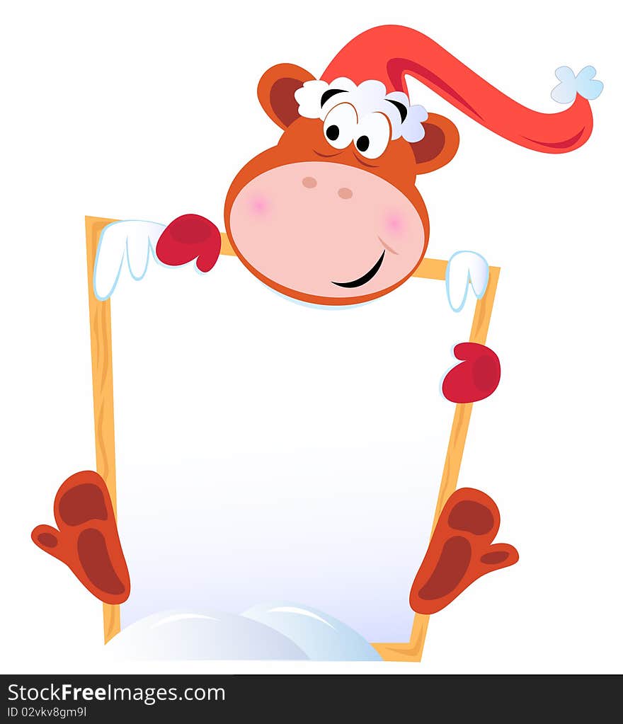 Cute Christmas Monkey Holding Blank Banner Sign