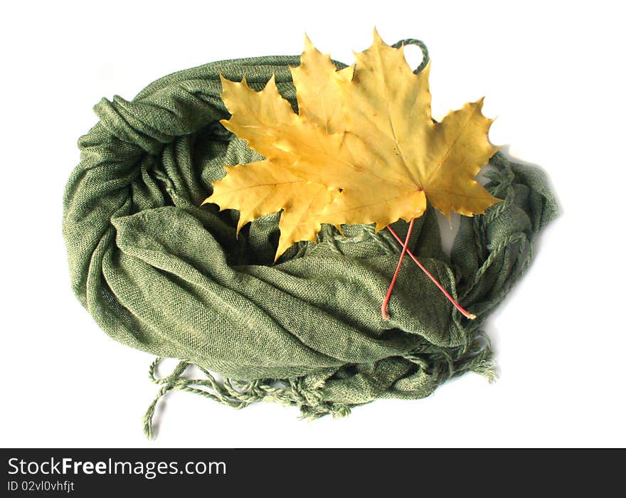 Yellow maple leaves and green scarf on the white background. Photo taken on September, 2010.