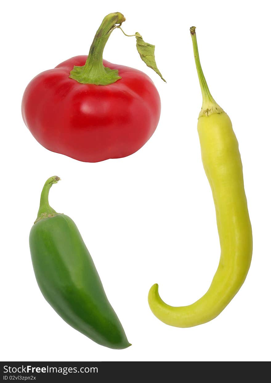 Vibrantly colored fresh from the garden hot peppers isolated on white. including red fajita bell, jalapeno, and hot banana peppers. Vibrantly colored fresh from the garden hot peppers isolated on white. including red fajita bell, jalapeno, and hot banana peppers