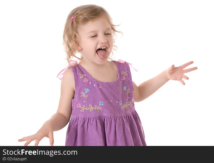 Fretful little girl wearing a purple dress screaming and standing on white background. Fretful little girl wearing a purple dress screaming and standing on white background