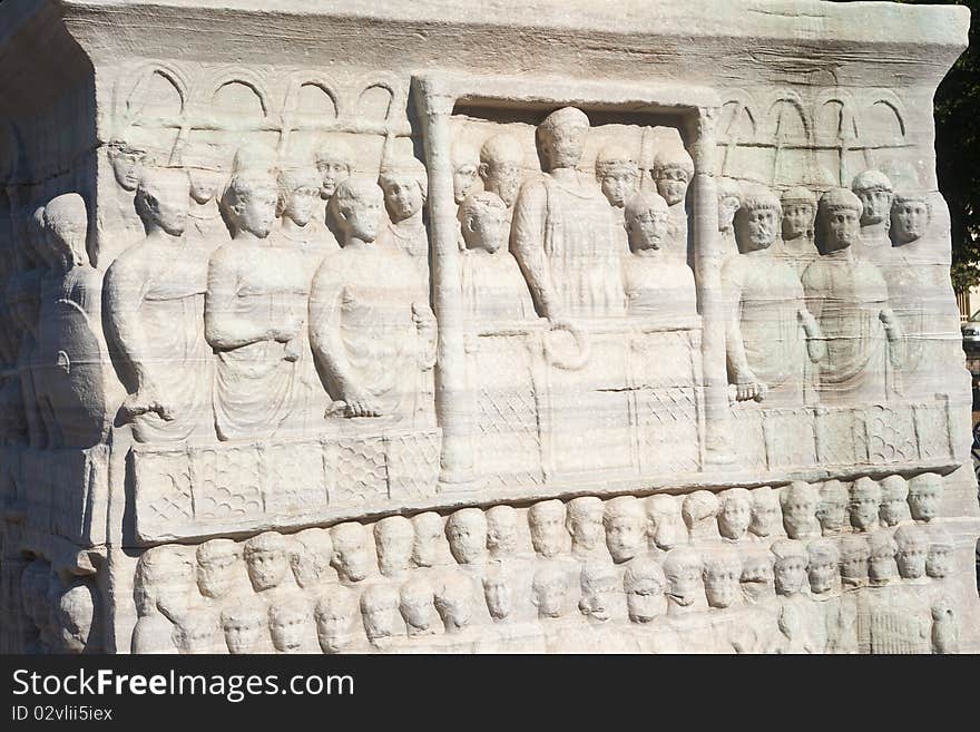 Figures on the base of Egypt obelisk in Istanbul, Turkey