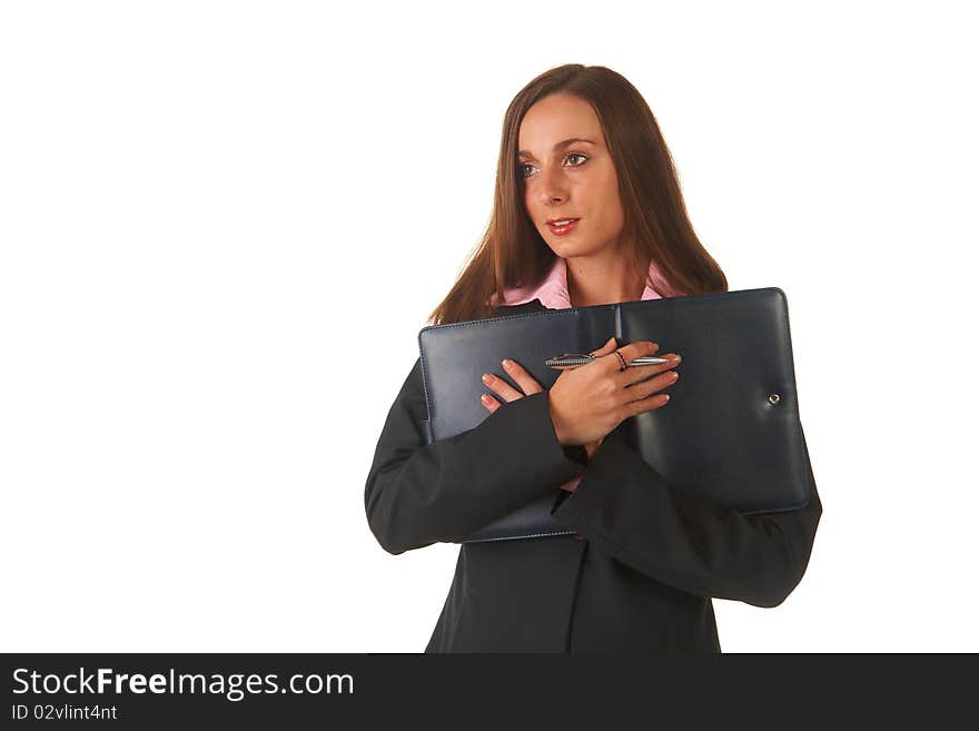 Beautiful brunette businesswoman in business suit on white background.