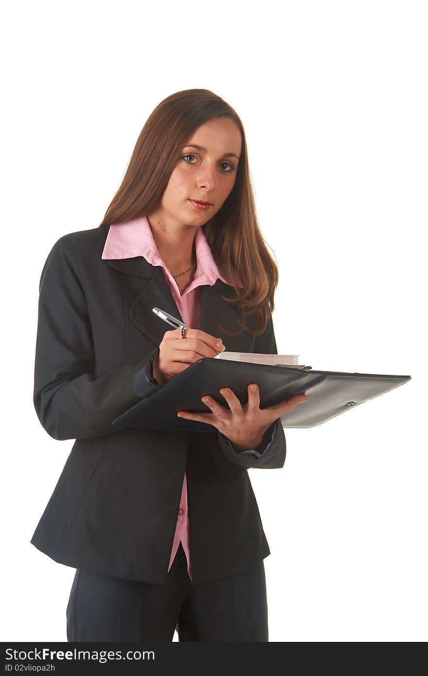 Beautiful brunette businesswoman in business suit on white background.