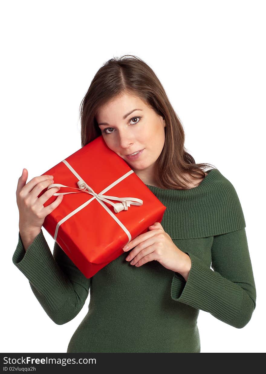 Beautiful girl with red gift box with white background