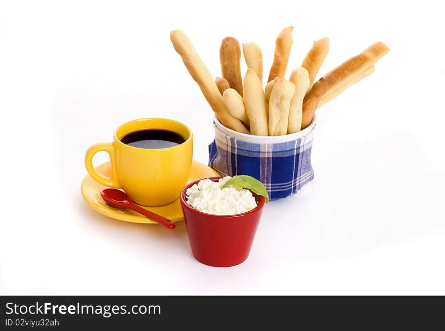 Cream cheese, bread sticks and coffee. Cream cheese, bread sticks and coffee