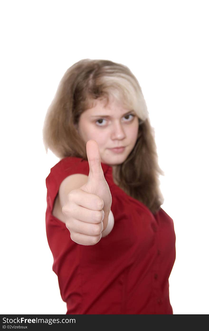 Closeup portrait of a beautyfull young girl in red make thumb up   isolated over white