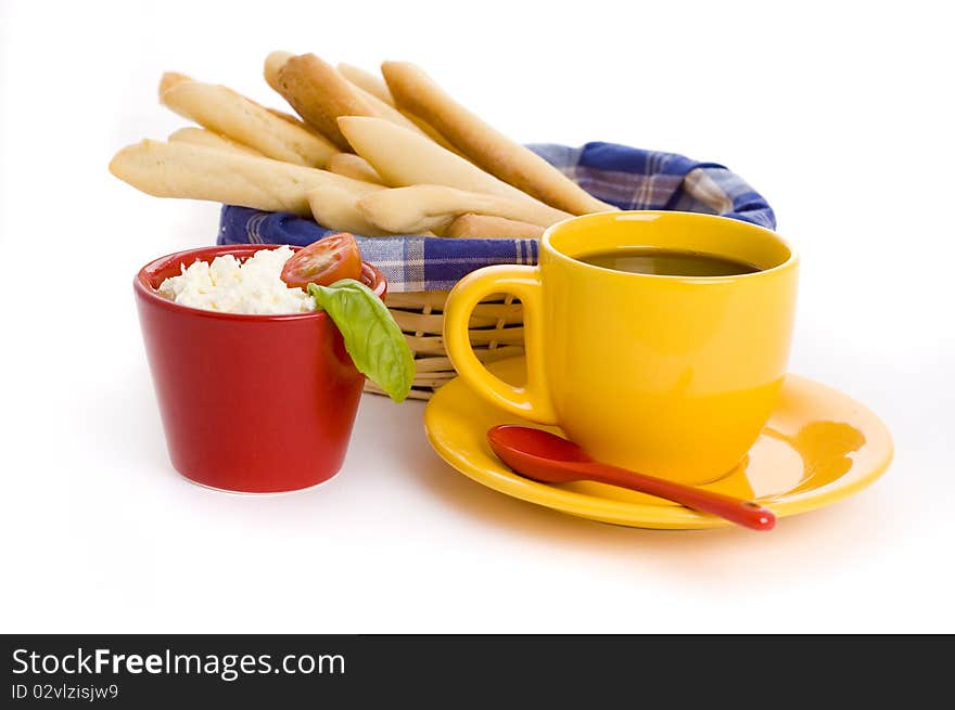 Cream cheese, bread sticks and coffee. Cream cheese, bread sticks and coffee