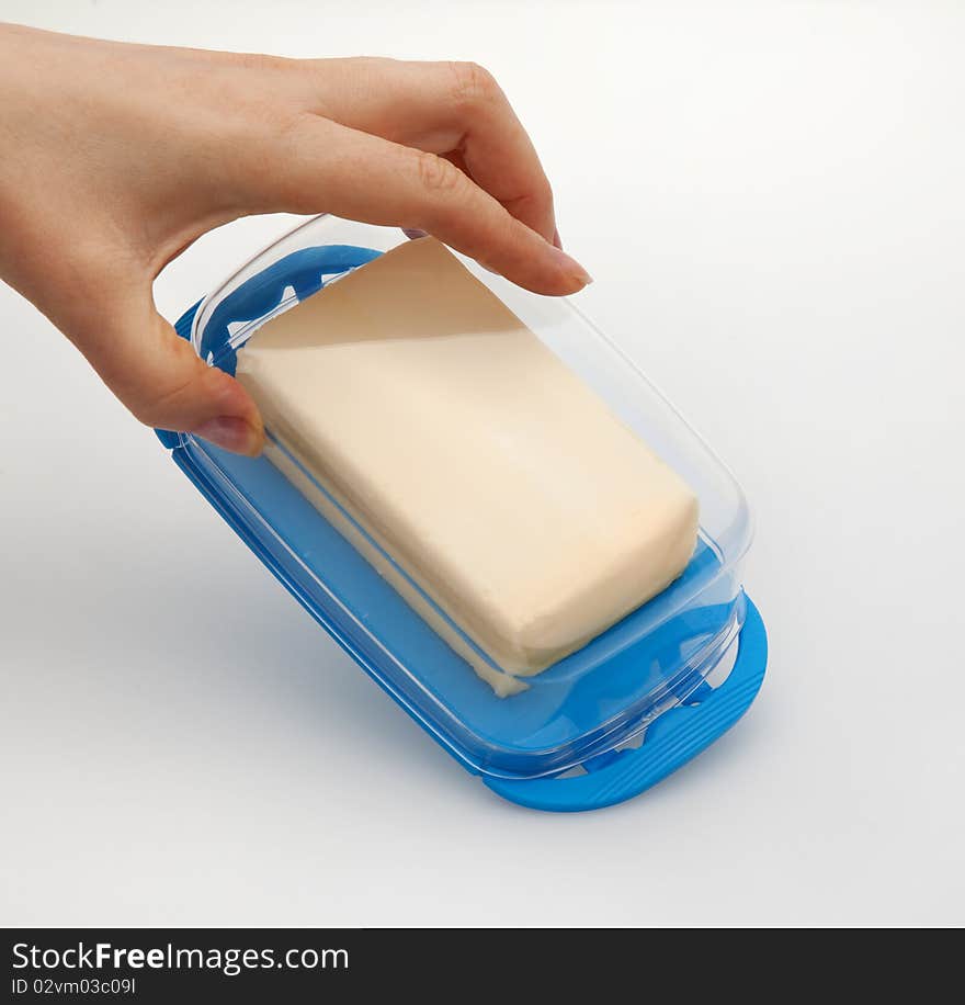 Butter in the butterdish on white background. Butter in the butterdish on white background