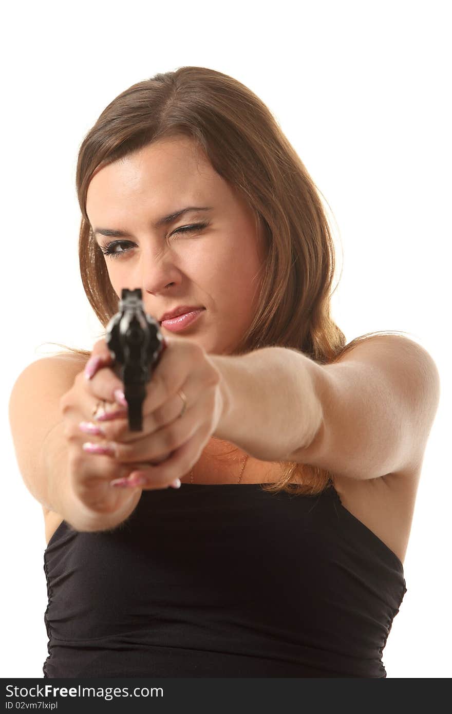 Girl is aiming a revolver