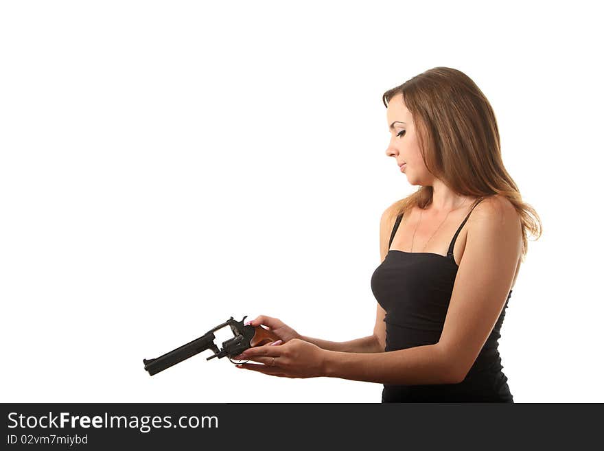 Girl is reload a revolver