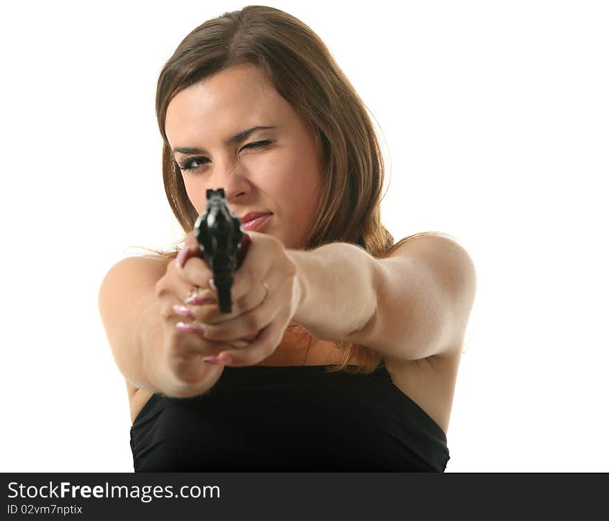 Girl is aiming a revolver