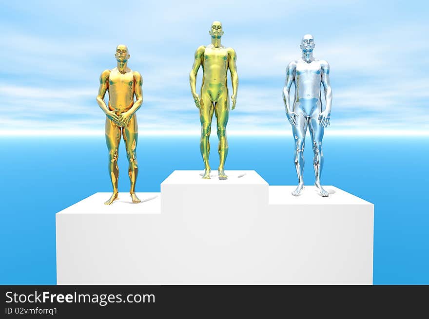 3d men on podiums for gold silver bronze