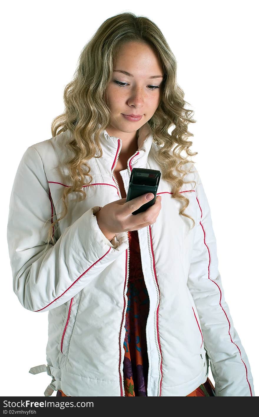 Girl in white jacket with cellular