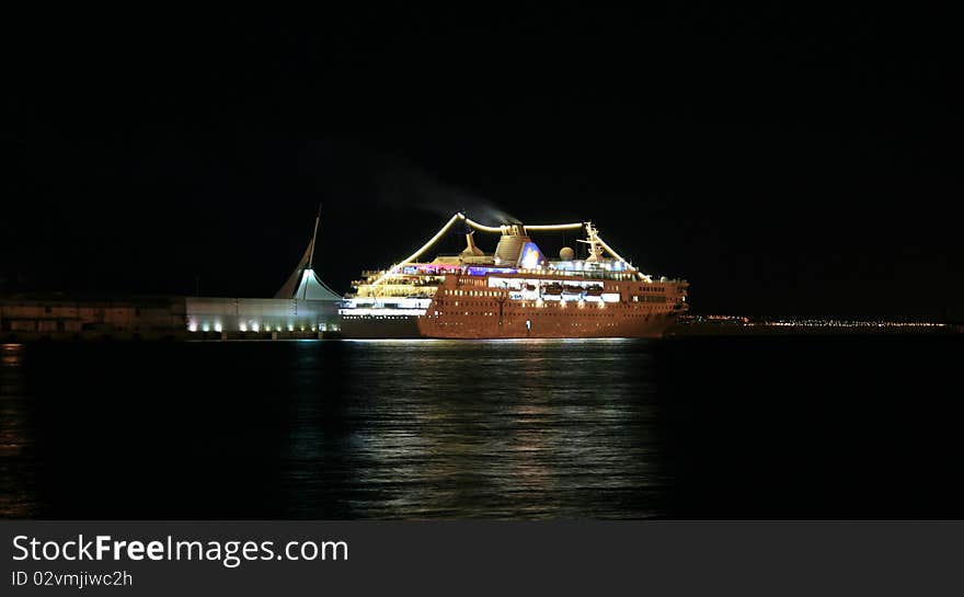 Cruise tied up in the night