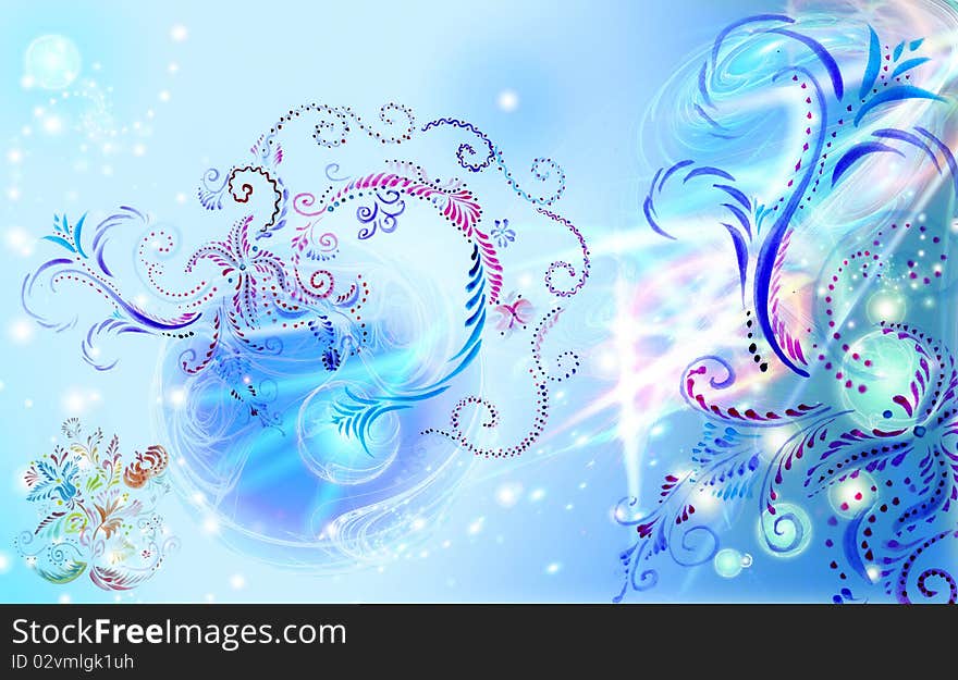 Blue brushwork ornaments on a luminous background