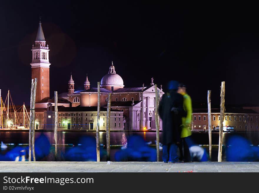 Night view of San Giorgio Maggiore church located at Venice, Italy as seen from Riva degli Schiavoni. Night view of San Giorgio Maggiore church located at Venice, Italy as seen from Riva degli Schiavoni