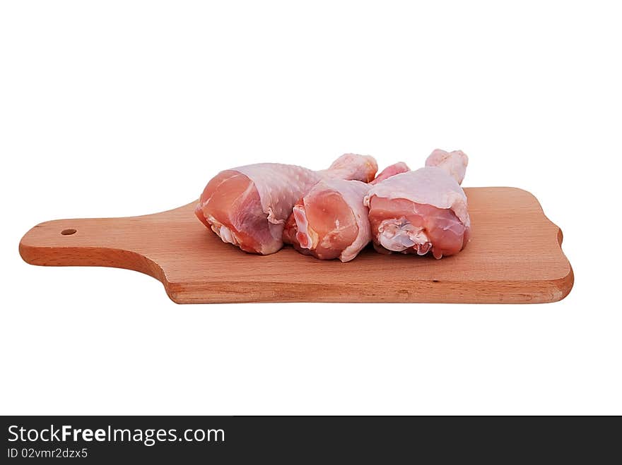 Chicken drumstick on the board on a white background