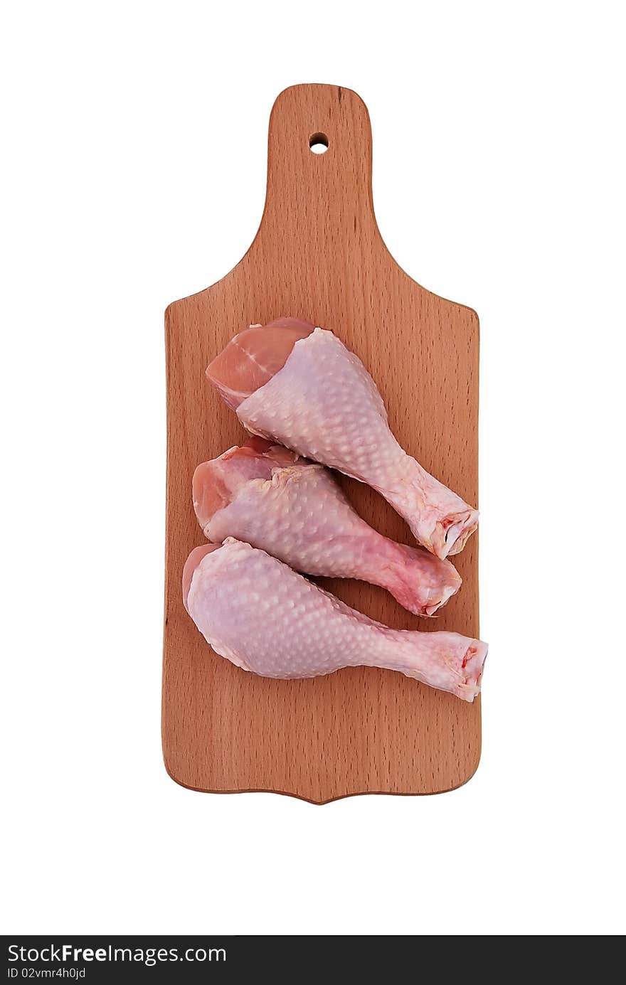 Chicken drumstick on the board on a white background