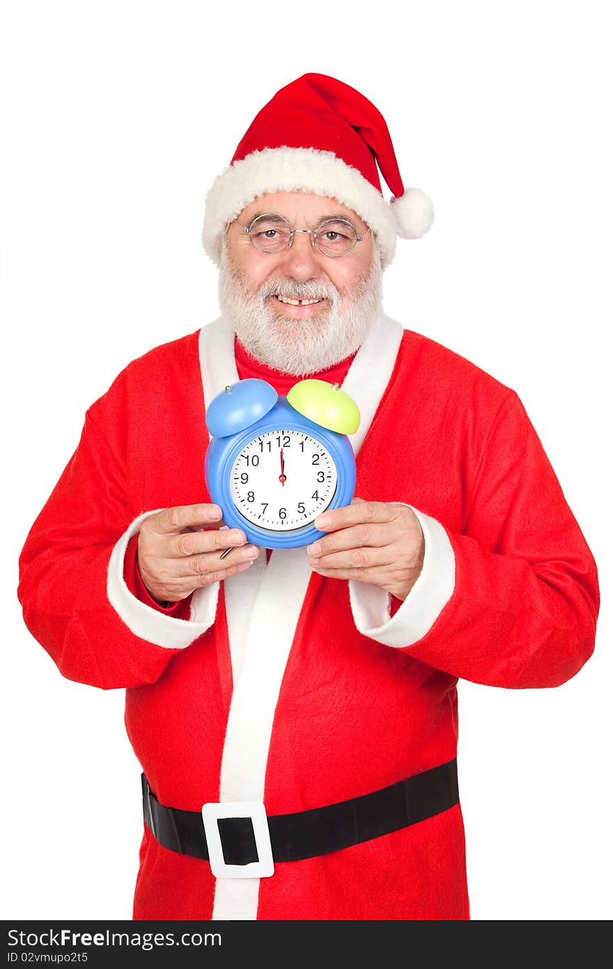 Smiley Santa Claus with alarm clock isolated on white background