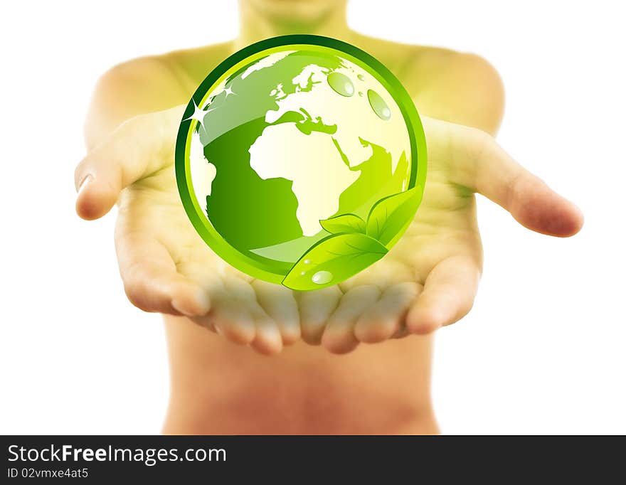 Hands holding earth with green leafs