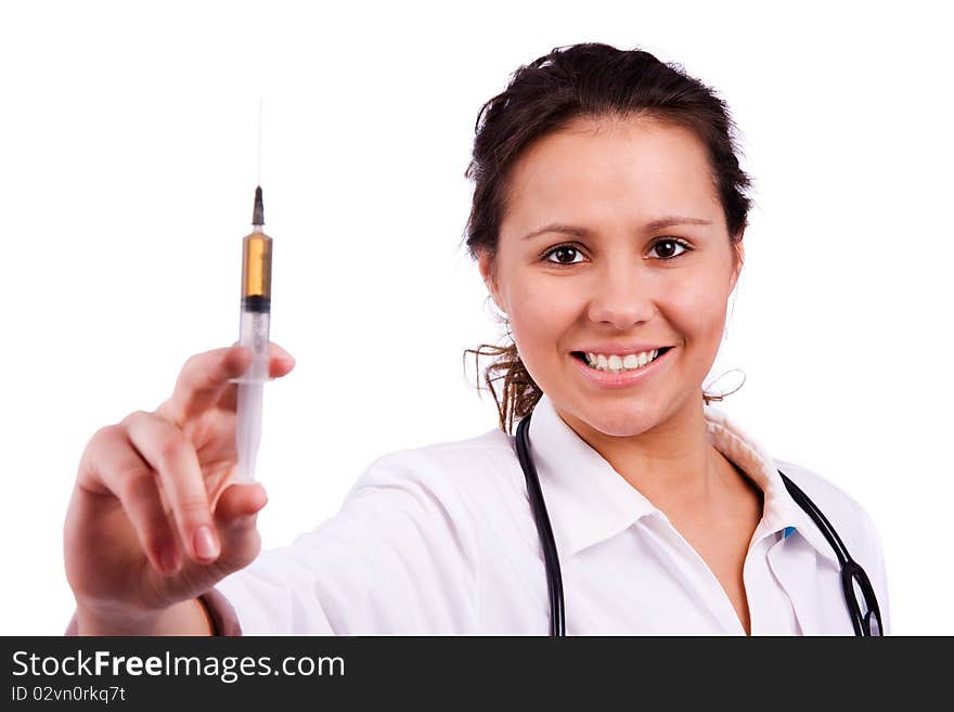 Happy lady doctor with syringe on white background. Healthcare