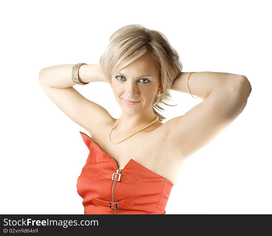 Young attractive lady in red on the white. Young attractive lady in red on the white.