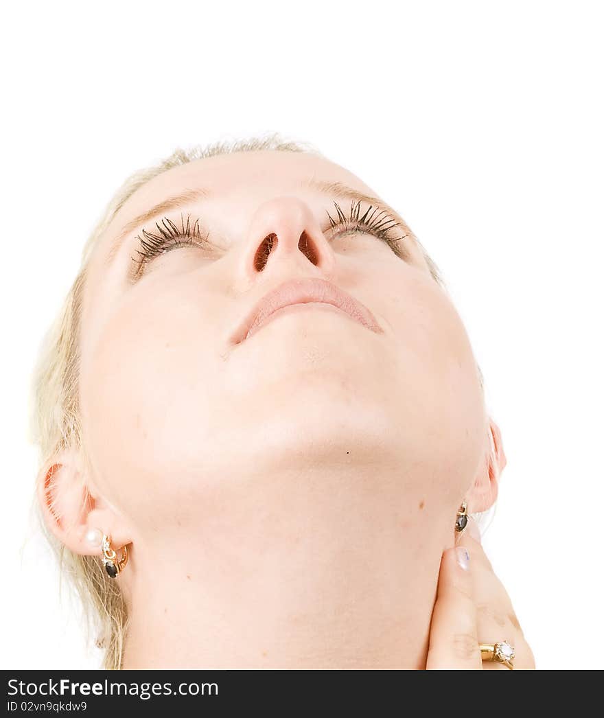 Closeup shot of neck and face up of woman. Isolated on the white. Closeup shot of neck and face up of woman. Isolated on the white.