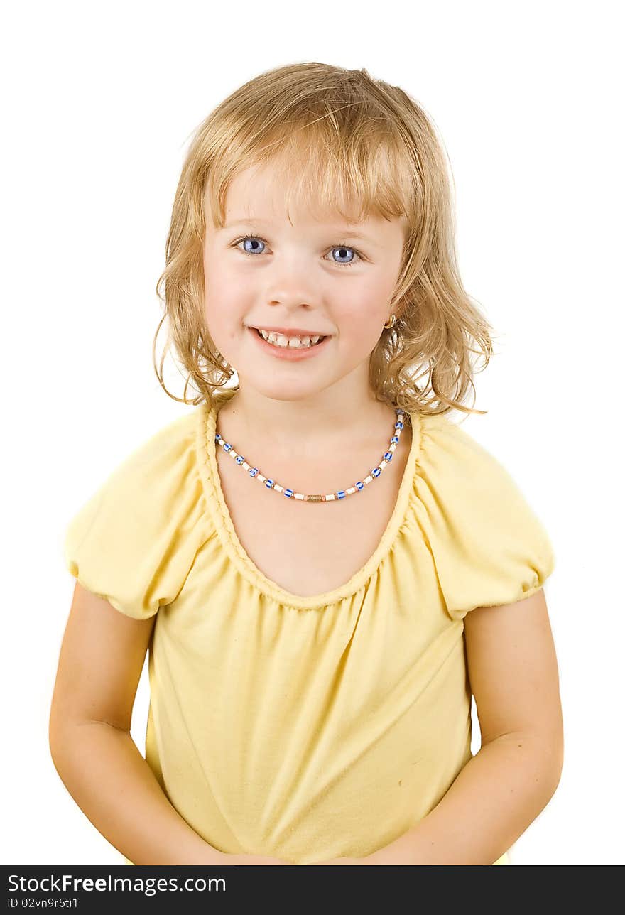 Portrait of a happy liitle girl on thewhite isolated background. Portrait of a happy liitle girl on thewhite isolated background.