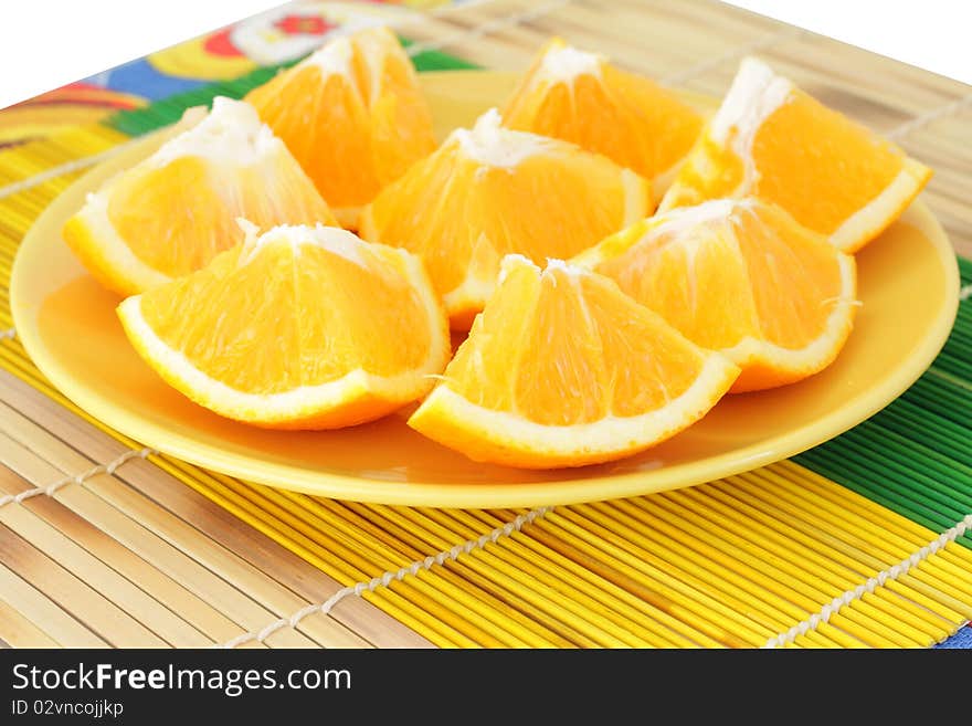 Slices of orange on yellow plate