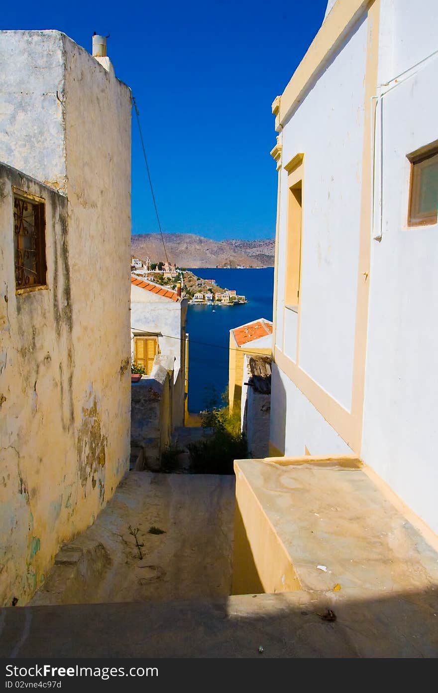 Simi island near Rhodos. Greece.  View to houses and to the sea