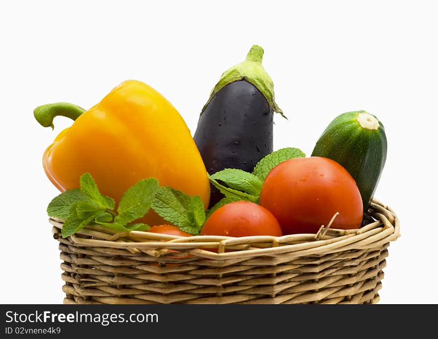 Vegetables Basket with pepper, eggplant and tomatoes. Vegetables Basket with pepper, eggplant and tomatoes