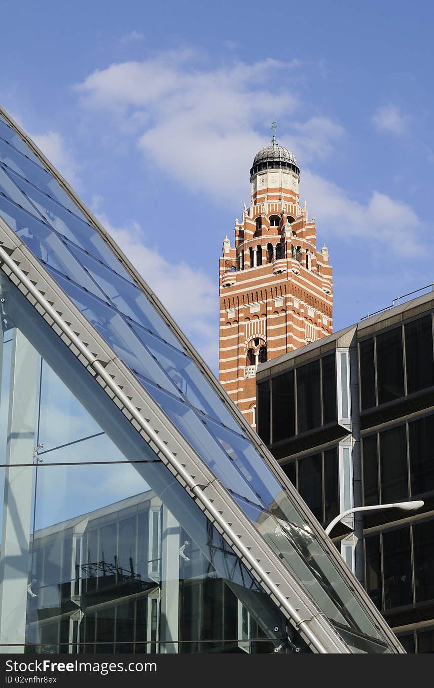 Glass architecture and church tower