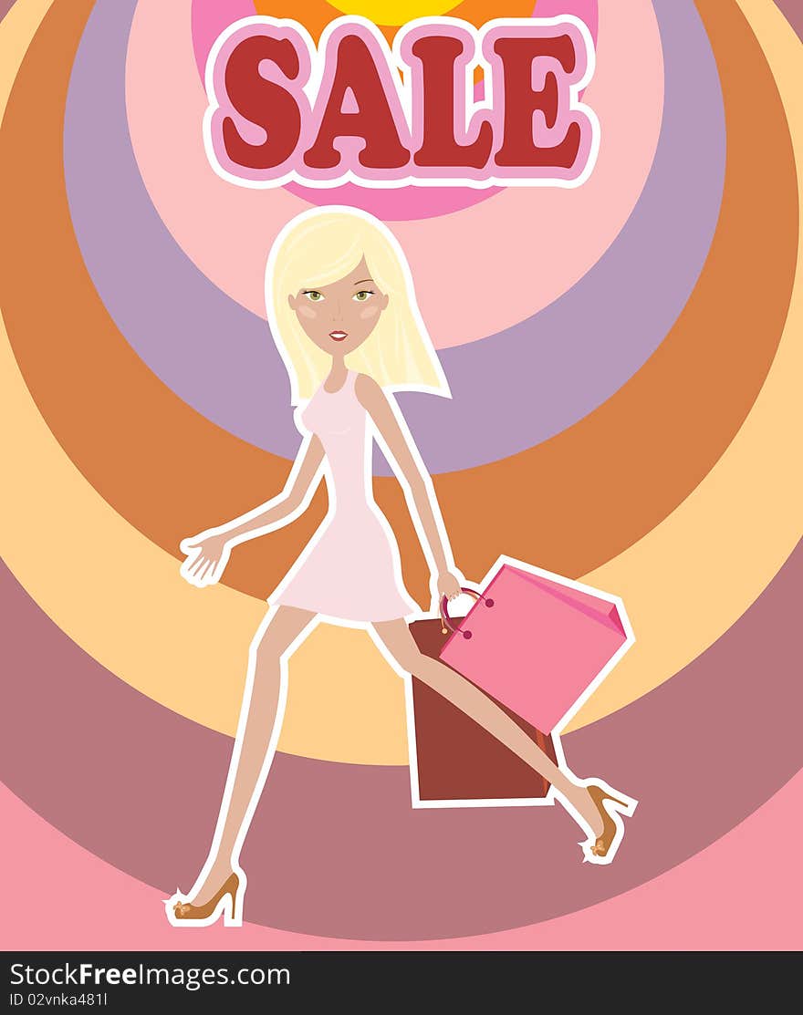 Hurry nice girl with bags and sale word