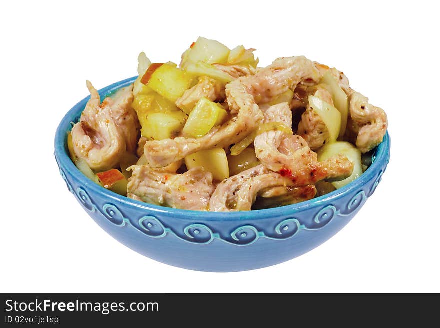 Plate with chicken and potatoes. Middle Eastern cuisine.