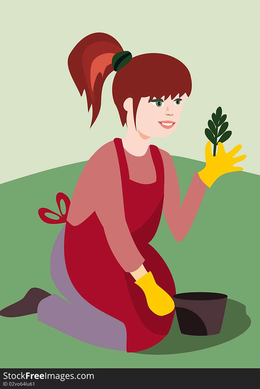 Illustration of a girl planting. Illustration of a girl planting