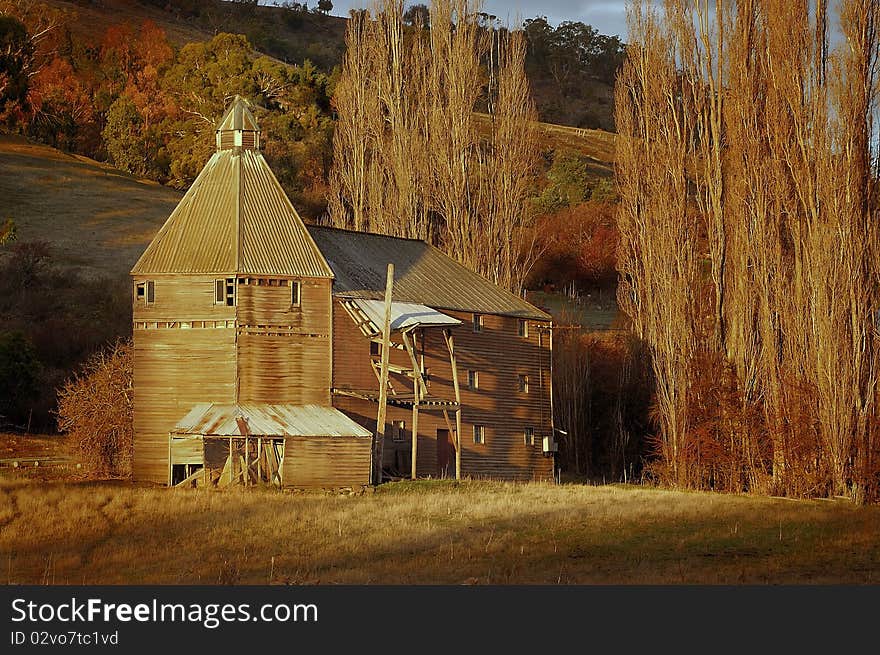 Hop barn at sunset