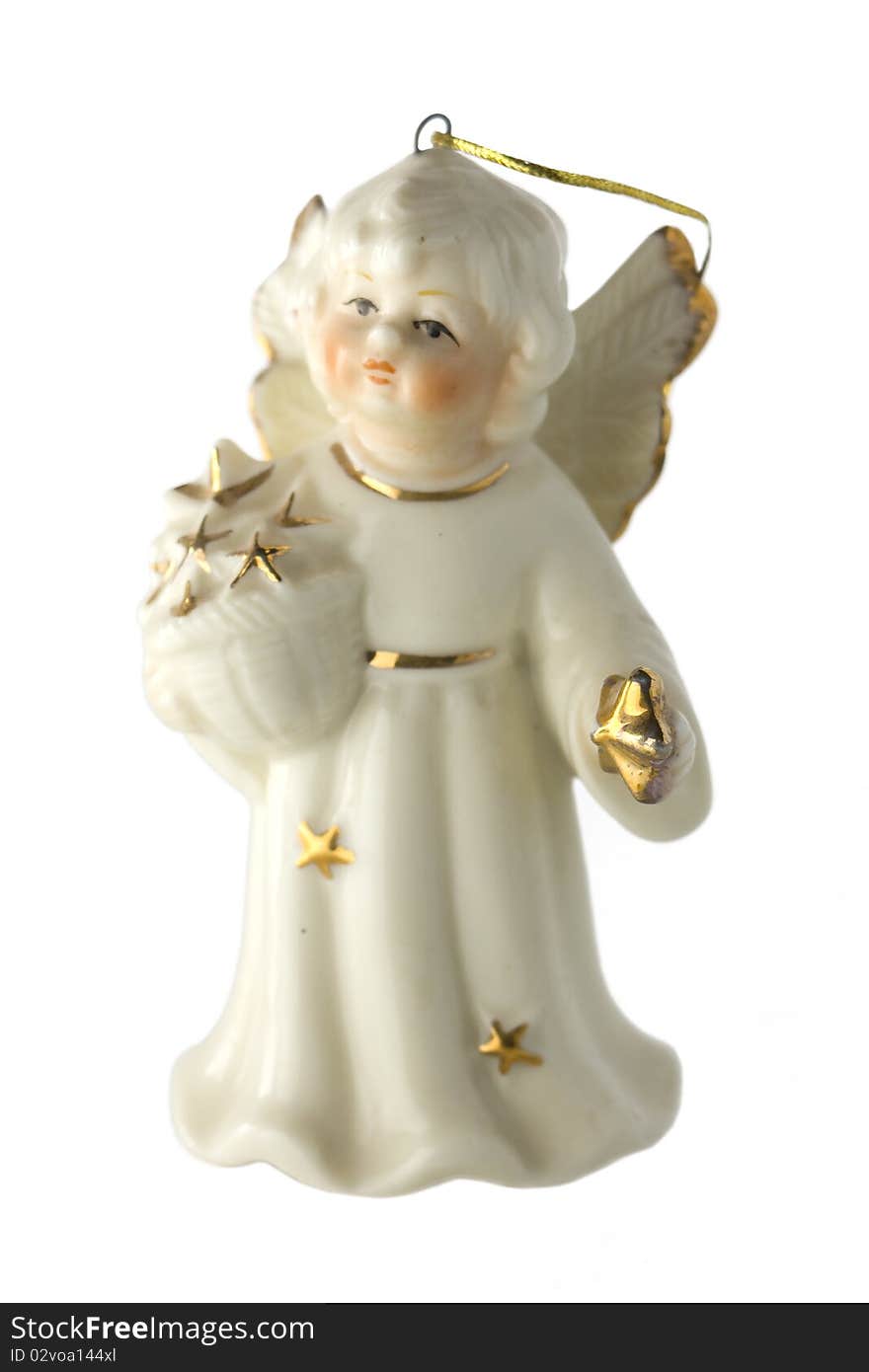 White china christmas angel with golden stars