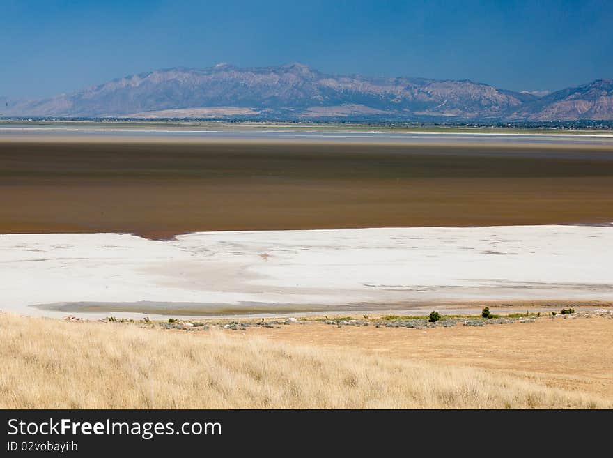 Salt flats from Antelope Island State Park near Salt Lake City in Utah