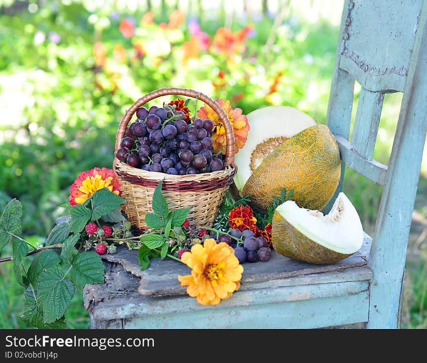 Vine, melon, raspberry flowers on a table. Vine, melon, raspberry flowers on a table