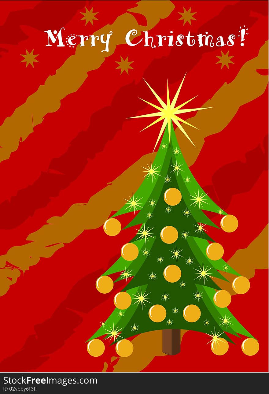 Decorated Christmas tree over red and golden background. Christmas card project. Decorated Christmas tree over red and golden background. Christmas card project