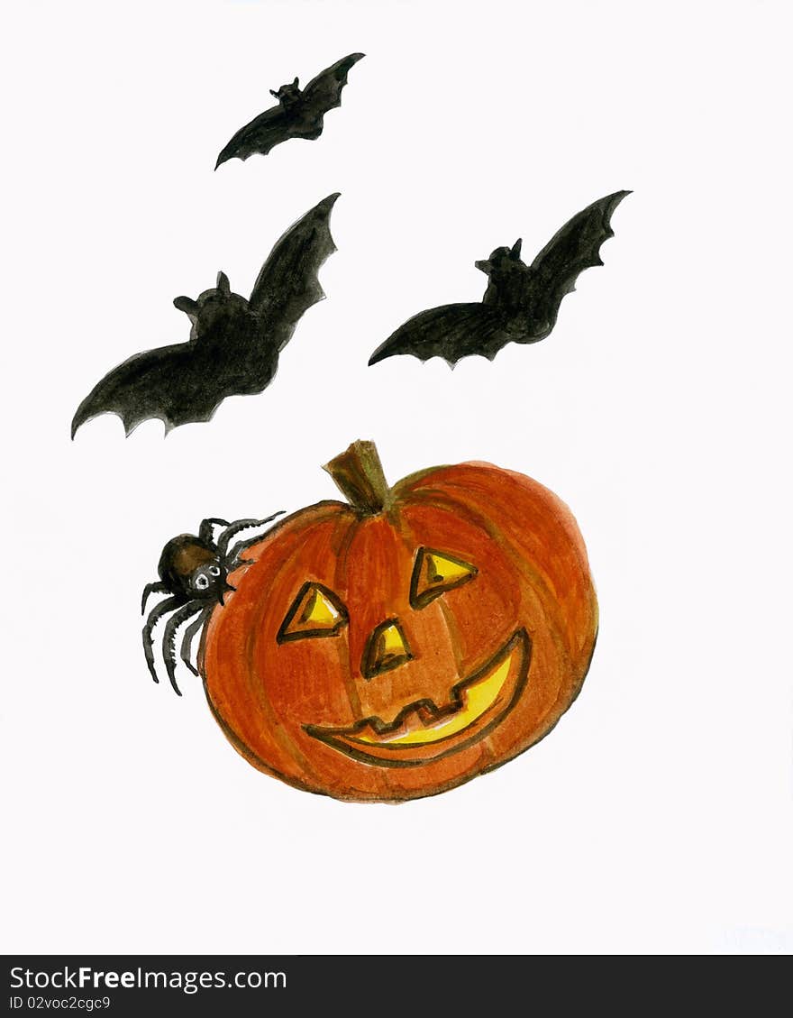 Halloween Pumpkin With Bats And Spider.