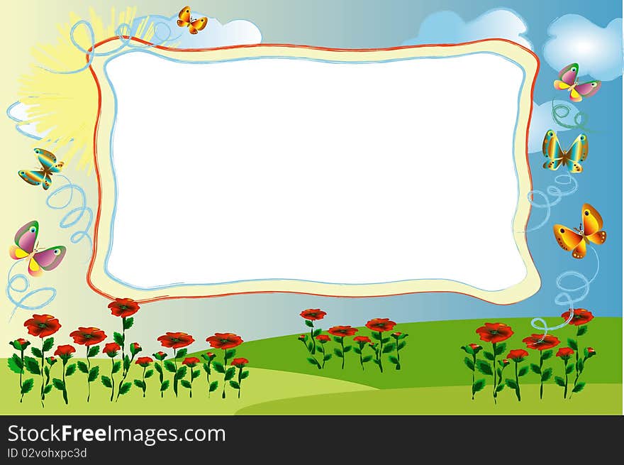 Summer frame with poppies,butterflies and sky.