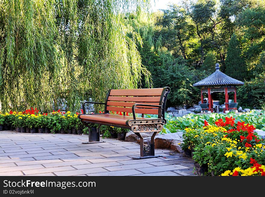 Beijing Badachu garden benches and pavilion.