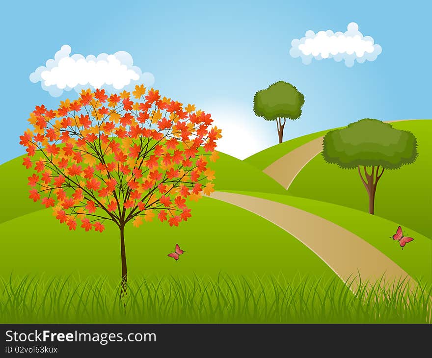 Nature background with a autumn landscape. Vector illustration.