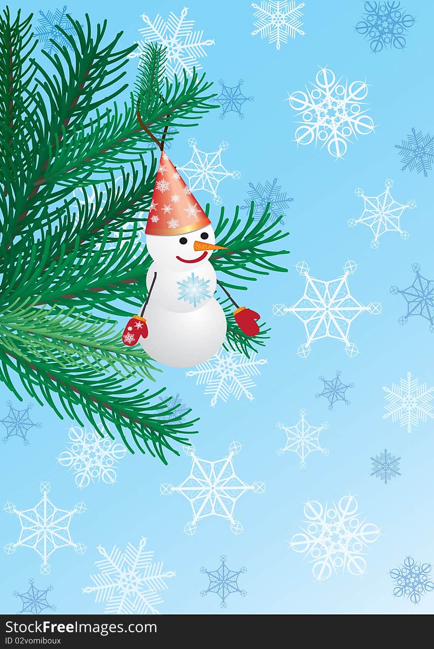 Funny snowman on a christmas tree on a blue background